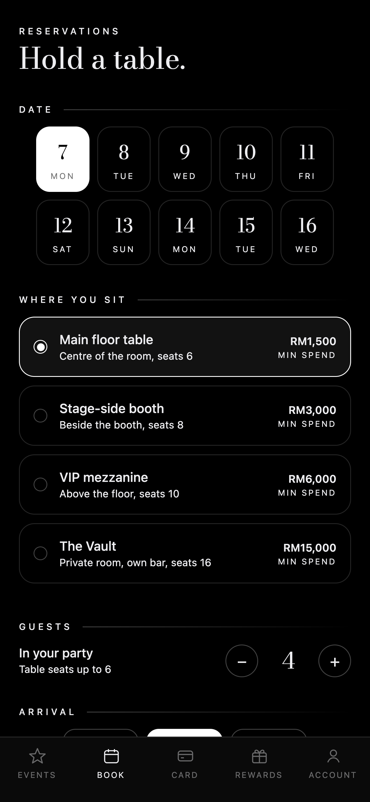 The booking screen, choosing a room and a night.