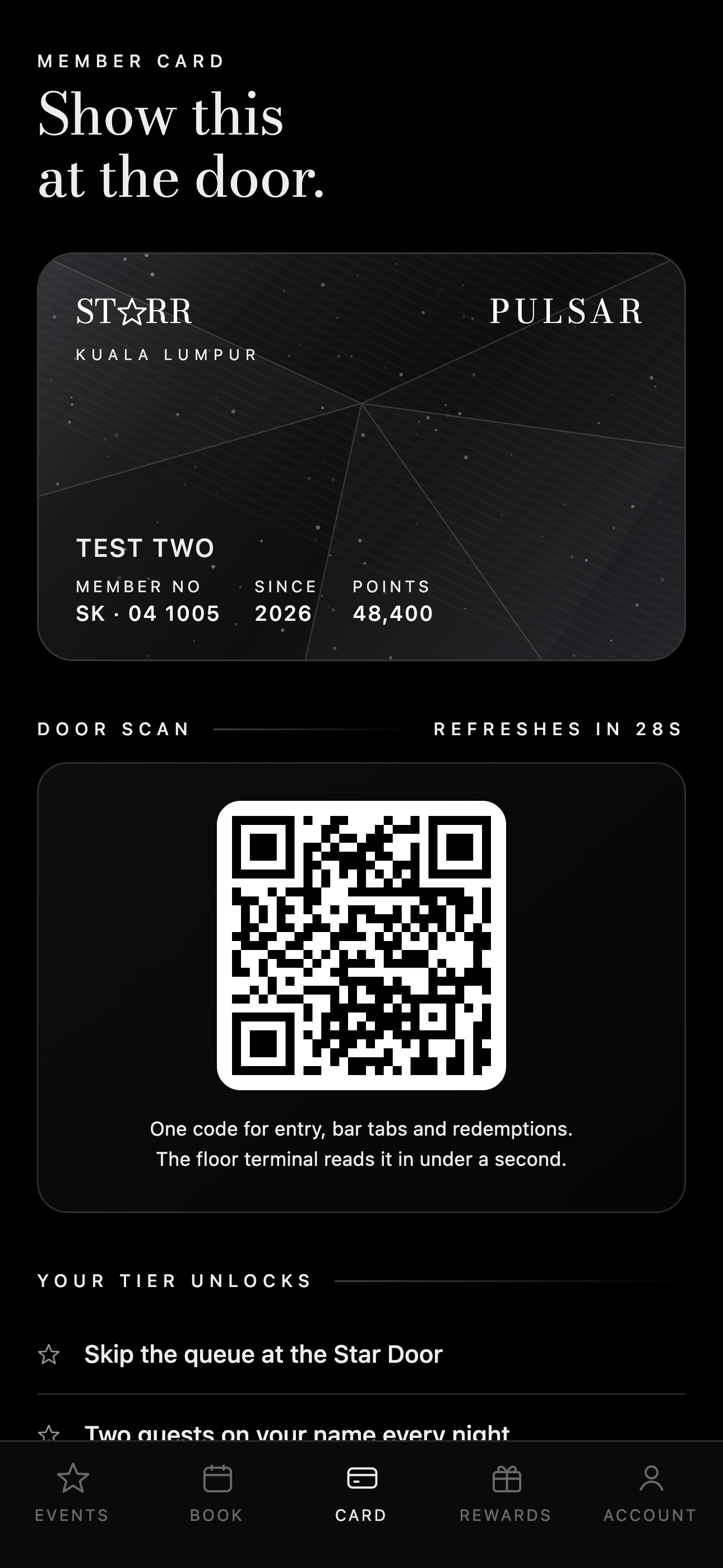 The member card screen, showing a membership card and the door code.