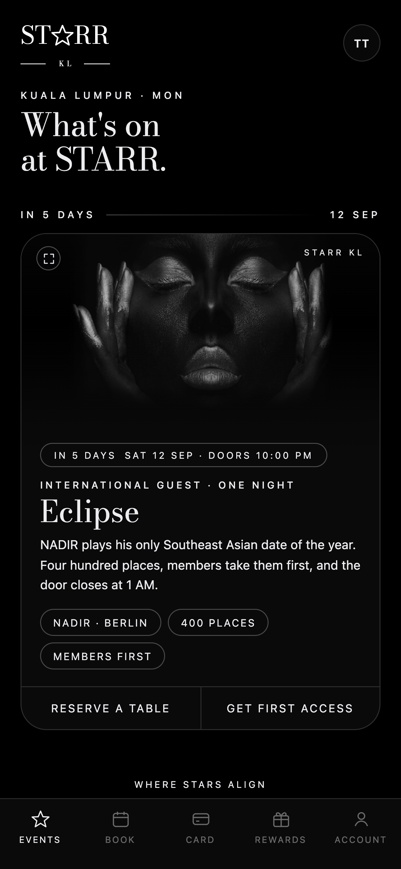 The events screen, listing what is on at STARR.