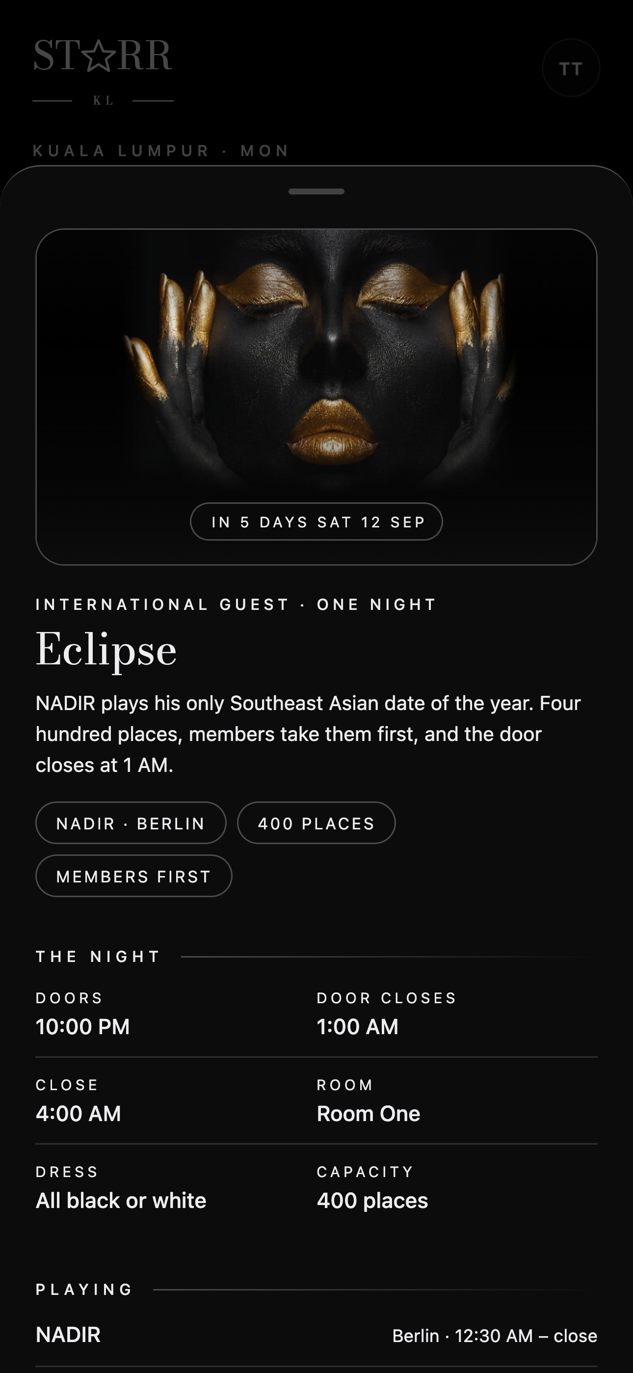 A night in the app, with its artwork, door times and room.