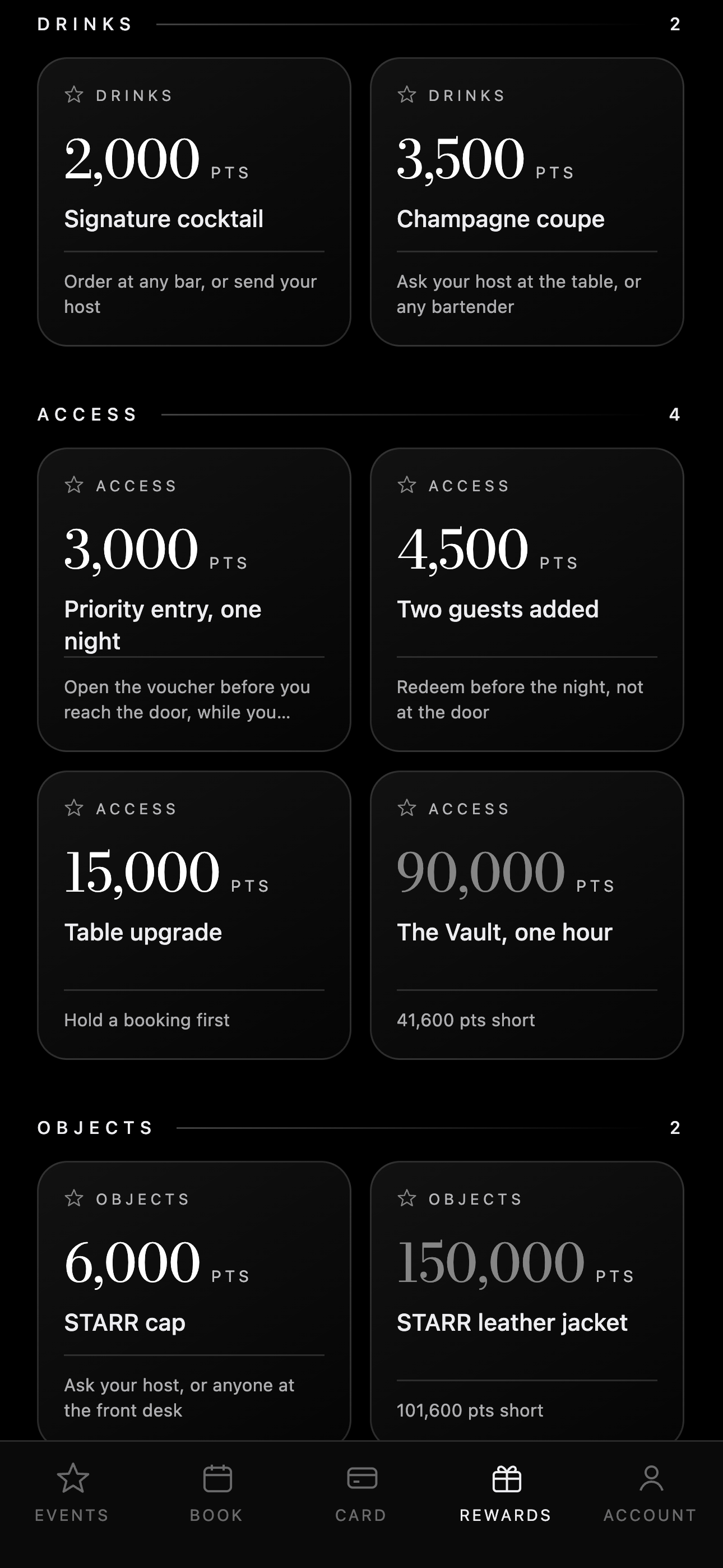 The rewards screen, showing what points can be redeemed against.